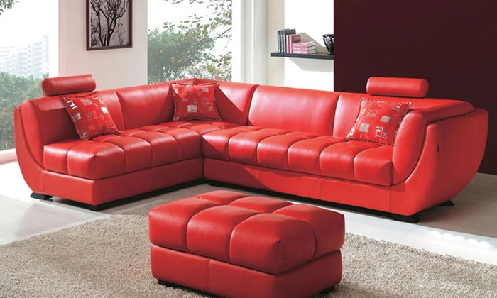 Image Classic european style  Cattle Leather Passion red corner Sofa with ottoman living room furniture sets LC9103