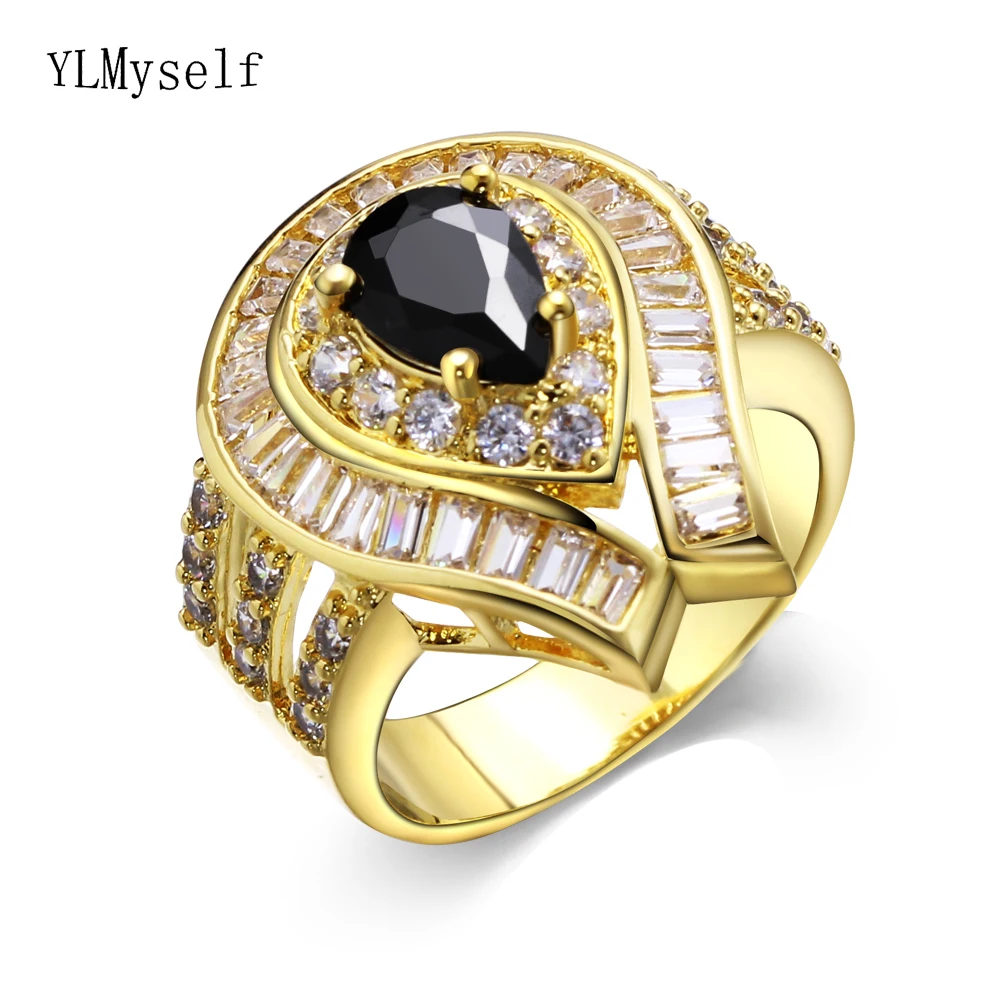 New Big Gold color rings Black/White Cubic Zircon Women's Female Luxury jewerly Top quality accessories | Украшения и