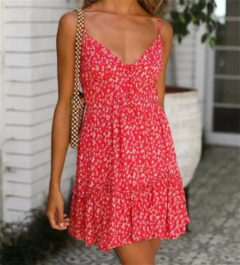 2019 Sweet Floral Print Ruffles Summer Strap Beach Dress Women Sexy V neck Backless Boho Mini Dresses Female vestidos#M067 
2019 Sweet Floral Print Ruffles Summer Strap Beach Dress Women Sexy V neck Backless Boho Mini Dresses Female vestidos#M067