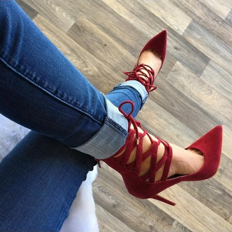 tacones mujer red suede leather cross tied lace up pumps women shoes high heels pointed toe stiletto bridal shoes female fashion
tacones mujer red suede leather cross tied lace up pumps women shoes high heels pointed toe stiletto bridal shoes female fashion