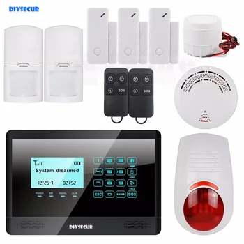 DIYSECUR 433MHz wireless and wired GSM alarm system, touch screen, flash sensor, SMS alert, smoke sensor