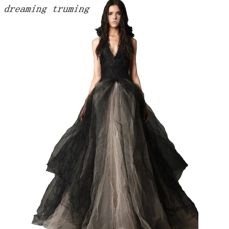 Traditional Custom Made Black Wedding Dress Gothic Halter Neck Open Back Floor length Puffy Tulle Ruffles Bridal Dresses
Traditional Custom Made Black Wedding Dress Gothic Halter Neck Open Back Floor length Puffy Tulle Ruffles Bridal Dresses