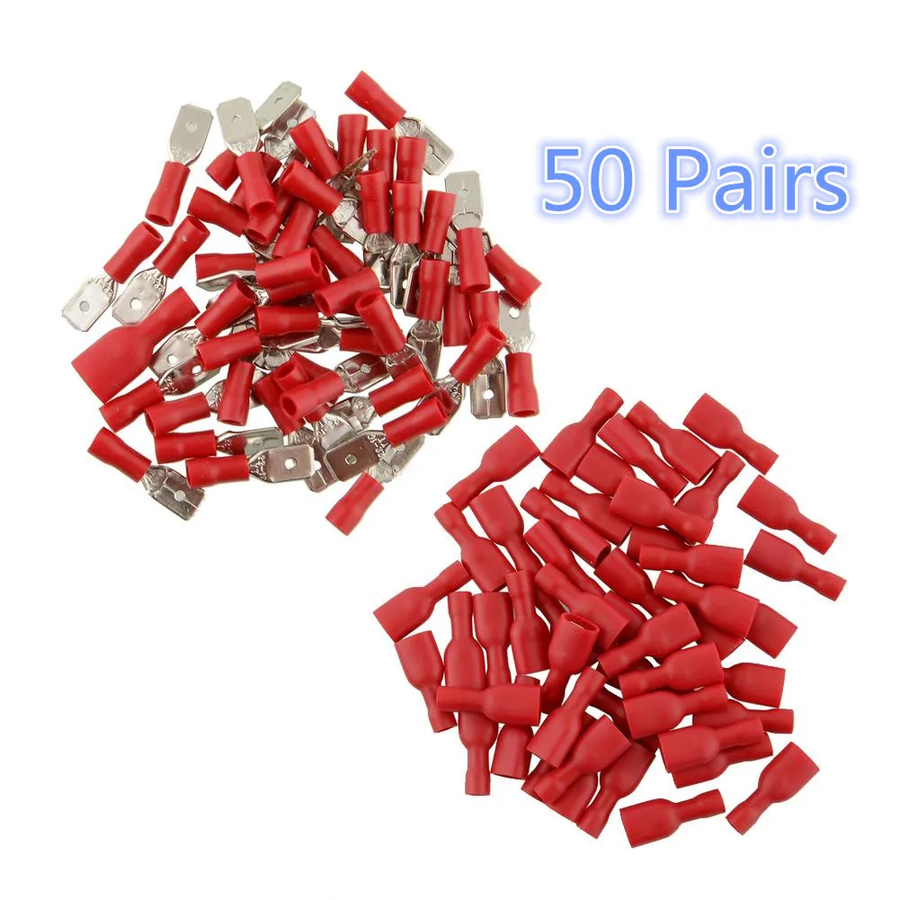 100 Pcs/Set Red 6.3mm 16-14AWG Female Male Insulated Crimp Terminal Spade Connectors Electrical Wiring Connector For Car
100 Pcs/Set Red 6.3mm 16-14AWG Female Male Insulated Crimp Terminal Spade Connectors Electrical Wiring Connector For Car