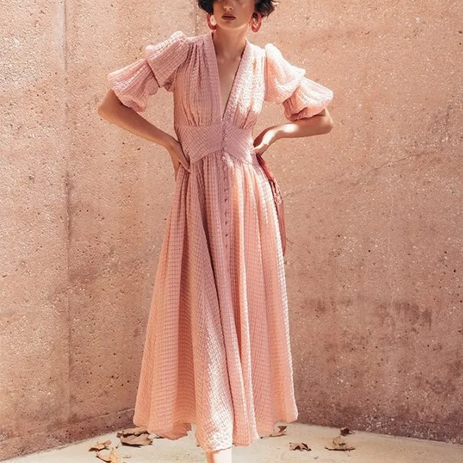 Elegant Women Pink V Neck Lantern Sleeve Long Dress Casual Button Short Sleeve A Line Maxi Dress Vintage Solid Ruffles Dress
Elegant Women Pink V Neck Lantern Sleeve Long Dress Casual Button Short Sleeve A Line Maxi Dress Vintage Solid Ruffles Dress