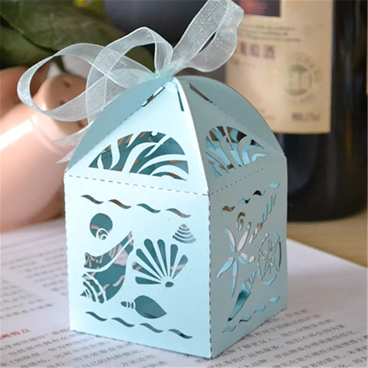 

laser cut wedding favor/candy box with free ribbons,sea shell light blue gift box for guests 2017