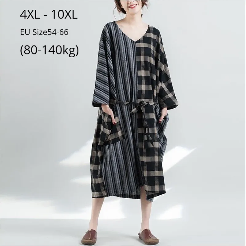 Plus Size 10XL 8XL 6XL Women Summer Autumn Long Sleeve Dress Vintage V-neck Plaid Patchwork Casual Clothing Ladies Loose Dresses
Plus Size 10XL 8XL 6XL Women Summer Autumn Long Sleeve Dress Vintage V-neck Plaid Patchwork Casual Clothing Ladies Loose Dresses