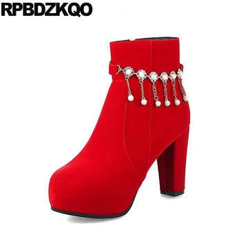 Suede Pearl Bridal Wedding Block Shoes Chinese Women Ankle Boots 2016 Round Toe Booties Chunky Red High Heel Winter Embellished
Suede Pearl Bridal Wedding Block Shoes Chinese Women Ankle Boots 2016 Round Toe Booties Chunky Red High Heel Winter Embellished