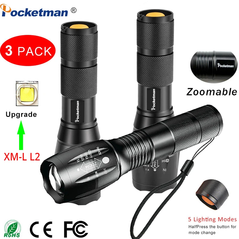 3 PCS Brightest LED Flashlight Tactical 10000Lumens T6/L2/V6 Zoomable 5Modes Lanterna LED Torch Flashlights for Camping By 18650
3 PCS Brightest LED Flashlight Tactical 10000Lumens T6/L2/V6 Zoomable 5Modes Lanterna LED Torch Flashlights for Camping By 18650