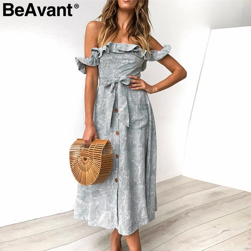 BeAvant Elegant off shoulder women summer dress Ruffled bohemian print long dress High waist sashes button ladies dresses 2019
BeAvant Elegant off shoulder women summer dress Ruffled bohemian print long dress High waist sashes button ladies dresses 2019
