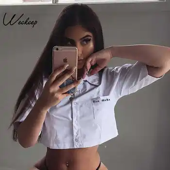 Weekeep Women White Turn-down Collar Short Sleeve t shirt Summer Casual Cropped Tee Shirt Femme Crop Top
Weekeep Women White Turn-down Collar Short Sleeve t shirt Summer Casual Cropped Tee Shirt Femme Crop Top