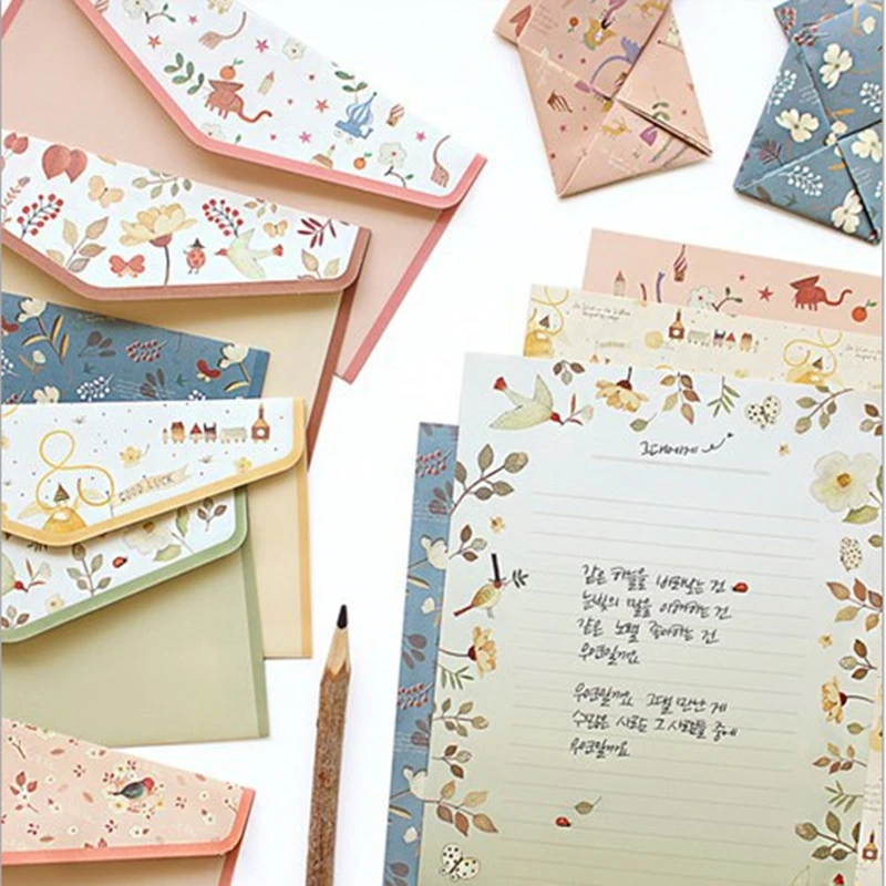 Фото Винтажный креативный милый мультяшный набор из 4 бумажных букв + 2 конвертов kawaii | Бумажные конверты (32891103578)