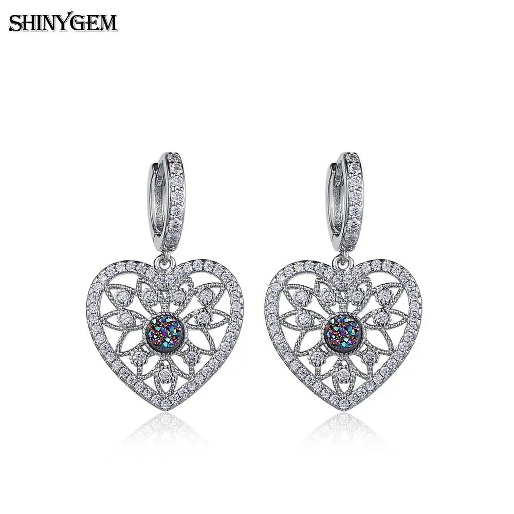 Фото ShinyGem Elegant Silver Color Hollow Flower Love Heart Drop Earrings Paved Zircon Romantic Druzy Crystal For Women | Украшения и