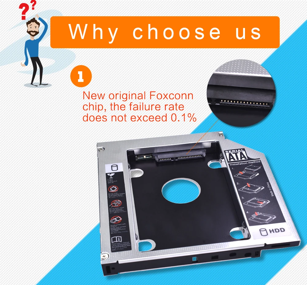 New High quality 2nd HDD Caddy 12.7mm SATA 3.0 DVD Adapter for 2.5'' 7-12.5mm hdd caddy