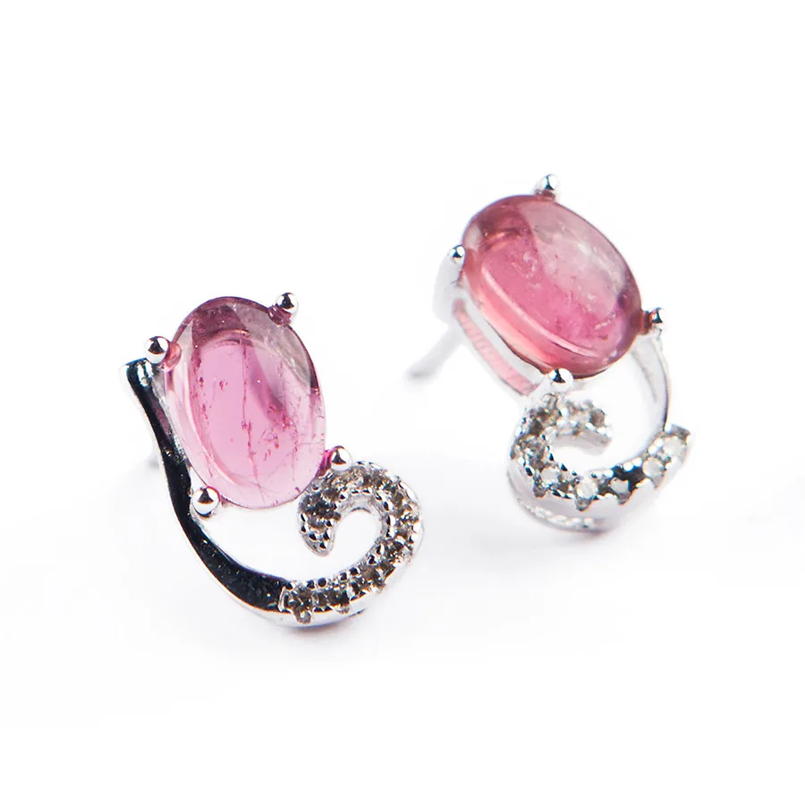 2018 Newly Genuine Natural Pink Tourmaline Gems Crystal Earring Sterling 925 Silver Women Fashion Stud Stone Unique | Украшения и