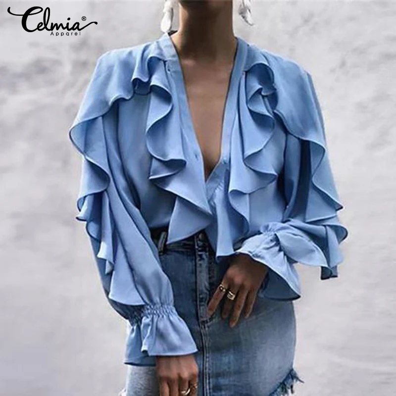 2019 Women Summer Sexy V neck Ruffled Blouse Celmia Long Sleeve Female Casual Shirt Buttons Solid Tops Blusa Femininas Plus Size
2019 Women Summer Sexy V neck Ruffled Blouse Celmia Long Sleeve Female Casual Shirt Buttons Solid Tops Blusa Femininas Plus Size
