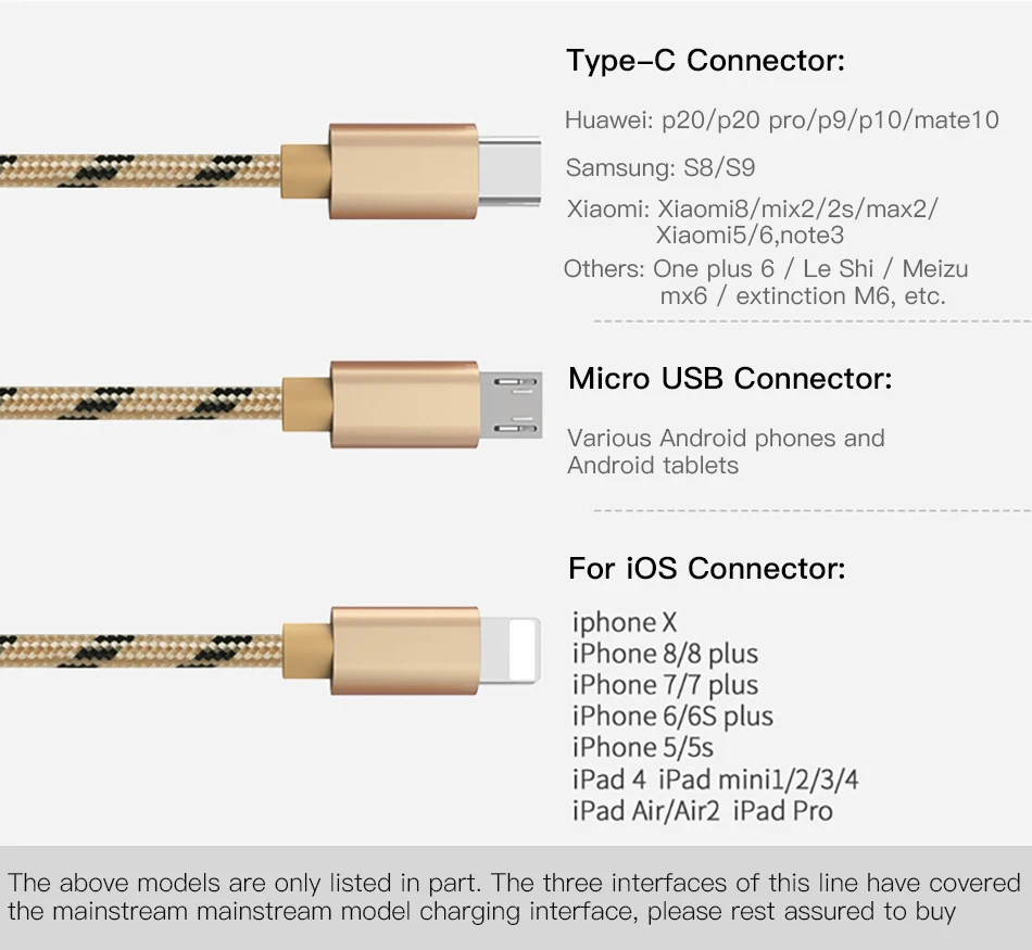 !ACCEZZ 3 in 1 USB Cable 2A Charging Line Micro USB Type C Lighting For iPhone XR XS MAX Charger Phone Cable For Samsung S9 S8 (5)
