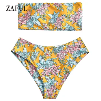 

ZAFUL Bandeau Bikini Floral High Waisted Women Swimsuit Swimwear Sexy Strapless Padded High Cut Biquni Swimming Suit Beachwear