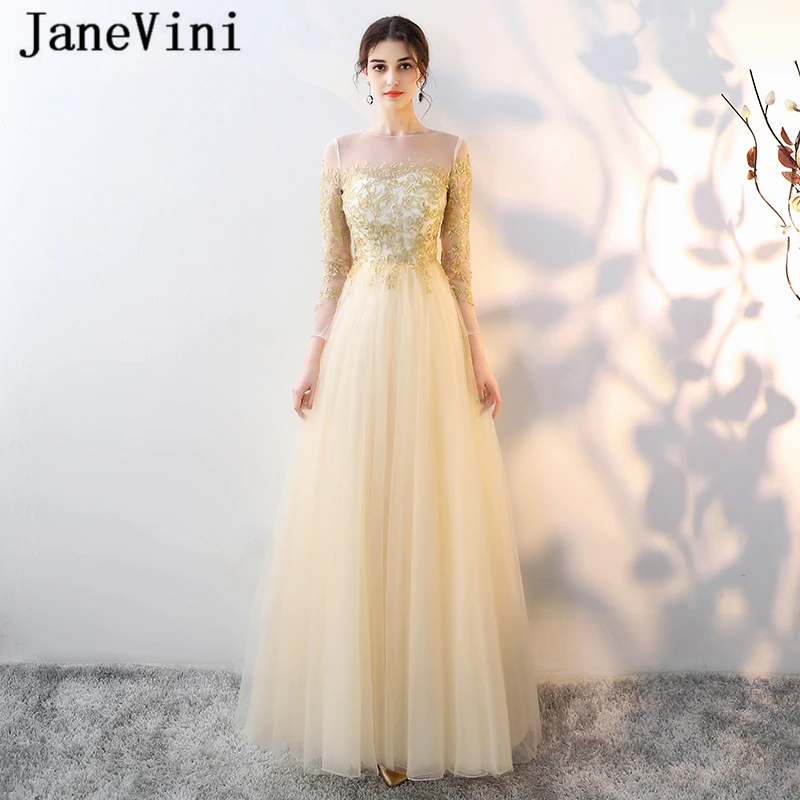 JaneVini Elegant Long Bridesmaid Dresses with Sleeves A Line Gold Embroidery Appliques Sheer Back Tulle Prom Gowns Floor Length
JaneVini Elegant Long Bridesmaid Dresses with Sleeves A Line Gold Embroidery Appliques Sheer Back Tulle Prom Gowns Floor Length
