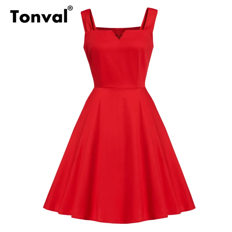 

Tonval Red A Line Plain Vintage Dress Women V Neck Party Elegant Fit and Flare Pockets Dress Summer Solid Skater Dresses