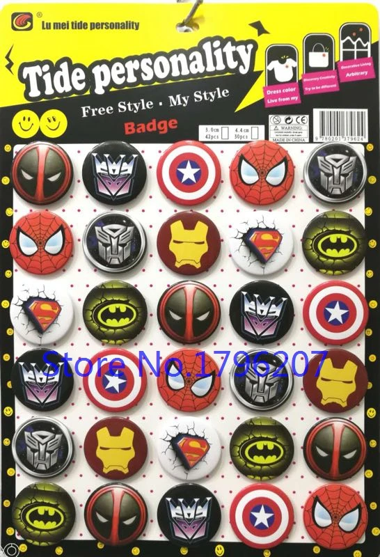 Wholesale 30pcs/set Cartoon Superheros Deadpool batman superman spiderman Button 44MM Round Brooch Badge Kids S-1
Wholesale 30pcs/set Cartoon Superheros Deadpool batman superman spiderman Button 44MM Round Brooch Badge Kids S-1