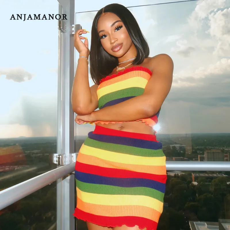 ANJAMANOR Rainbow Striped Knitted Sexy Two Piece Short Skirt Set Women Cute Matching Sets Club Outfits Fall 2019 D90-AZ83
ANJAMANOR Rainbow Striped Knitted Sexy Two Piece Short Skirt Set Women Cute Matching Sets Club Outfits Fall 2019 D90-AZ83