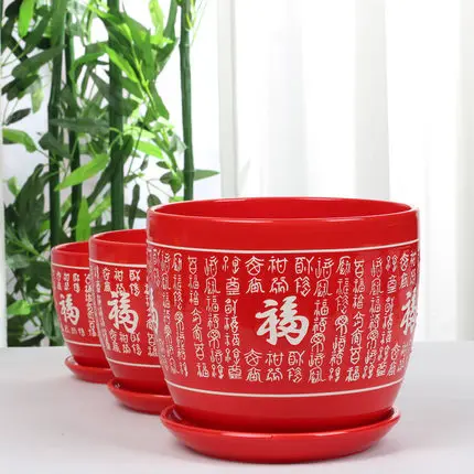 Большой красный керамический цветочный горшок в китайском стиле праздничный