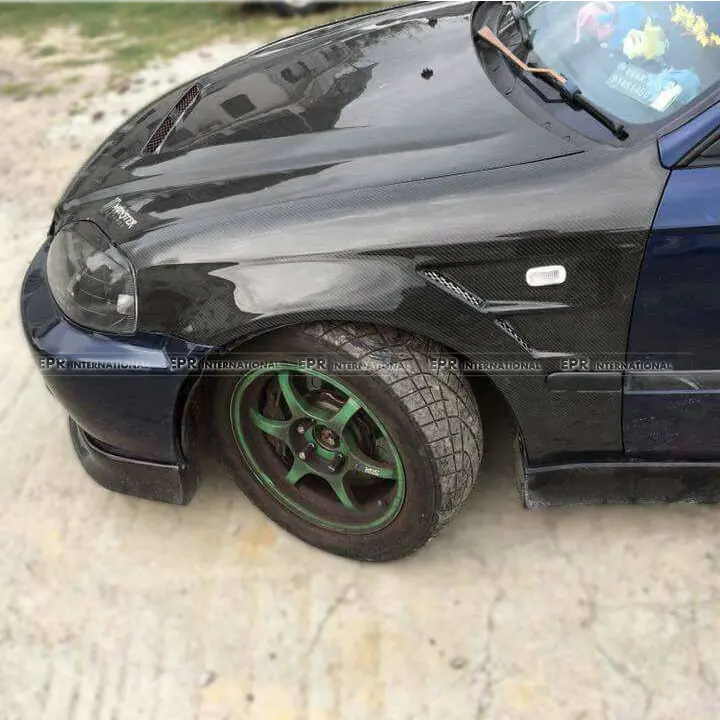 Car styling For Honda EK Civic 1999 2000 Carbon Fiber Vented Front Fender Glossy Fibre Finish