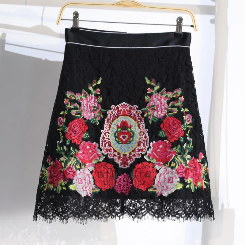 2018 Runway Women Lace Skirt Chic High Waist Floral Rose Embroidery Black Straight Mini Harajuku Falda Mujer | Женская одежда