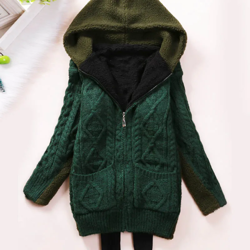 Winter Sweaters Womens Fleece Lining Coat Warm Loose Knitted Cardigans Female Fashion Long Sleeve Knitwear Hooded Zip Outerwear
Winter Sweaters Womens Fleece Lining Coat Warm Loose Knitted Cardigans Female Fashion Long Sleeve Knitwear Hooded Zip Outerwear