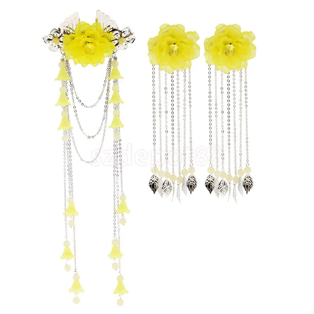 3 Pieces Costume Classic Flower Hair Clip Tassel Hair Barrette for Hanfu COS Hair Ornaments