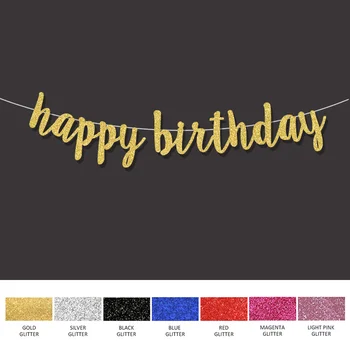 

Script font happy birthday glitter banner boy girl 1st birthday party decor gold sliver black signs decorations supplies