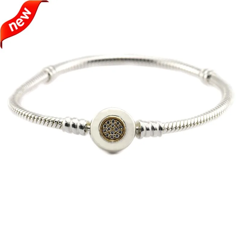 

Authentic 100% 925 Sterling Silver Moments Two-Tone Signature Bracelet with 14K Real Gold DIY Fits European Charm Beads FLB028K