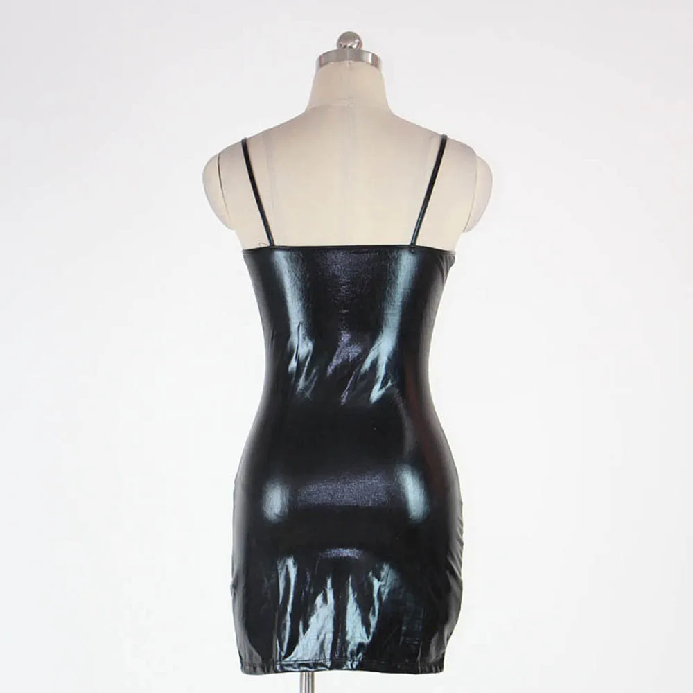 Vinyl Leather Mini Dress Women Sexy Front Zipper Spaghetti Strap Black Leather Dress Summer Fetish Night Clubwear Skinny Dress (10)
