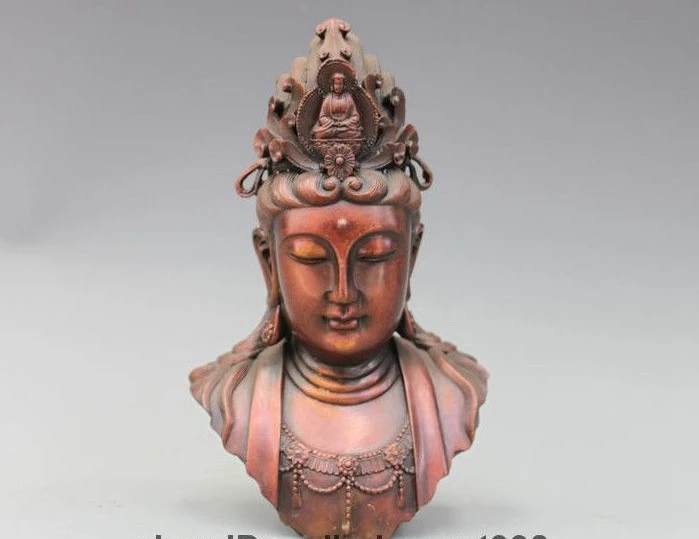 

9"China Buddhism Red Bronze Guan Yin Kwan-Yin Bodhisattva Buddha Head Statue a 0518