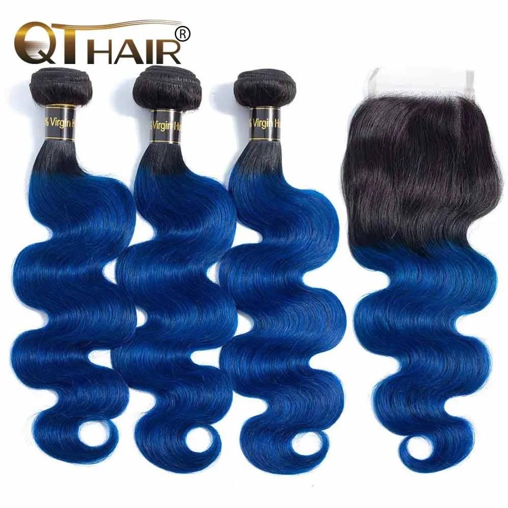 1B/синие волнистые человеческие волосы пучки с застежкой 2 тона эффектом омбре 3