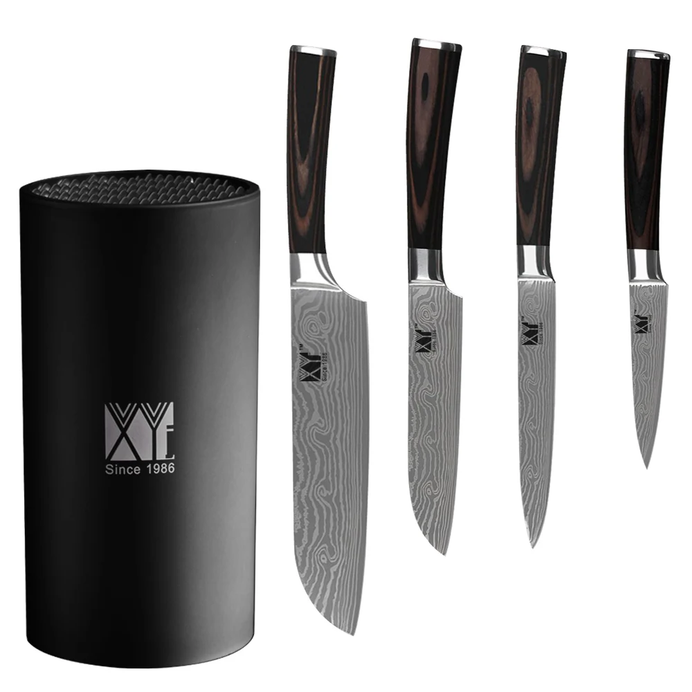 XYj 7Cr17 Stainless Steel Knife 5 Pcs Set Santoku Utility Paring Cooking Black 8 inch Kitchen Holder Accessories | Дом и сад