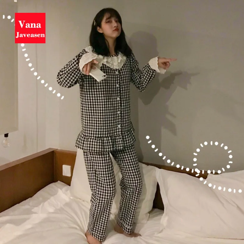 Vana Javeasen Stylish Pajamas Sets For Women Button Lace O-Neck Woman's Clothing Tops And Pants Female Pajama Spring And Autumn
Vana Javeasen Stylish Pajamas Sets For Women Button Lace O-Neck Woman's Clothing Tops And Pants Female Pajama Spring And Autumn