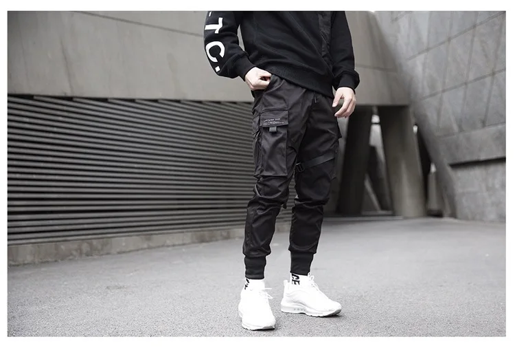 Waliicorners Men Multi-pocket Ribbon Loose Casual Cargo Pants Elastic waist Drawstring hip hop Harem Joggers Trousers Sweatpants 9