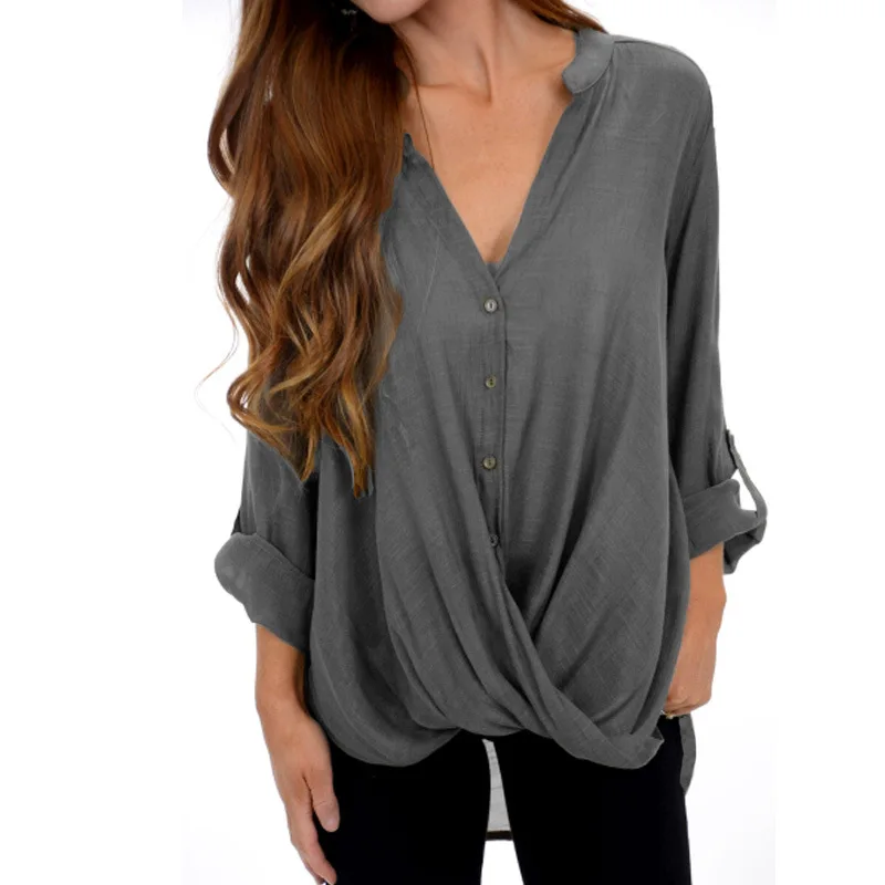 2019 autumn and winter V-neck female casual long-sleeved loose irregular wide pleated front crossover shirt
2019 autumn and winter V-neck female casual long-sleeved loose irregular wide pleated front crossover shirt
