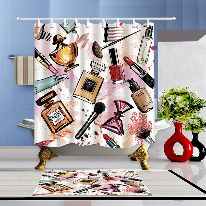 Girly Shower Curtains Cosmetic Perfume and Lipstick Nail Polish Brush Printing Decorative Polyester Fabric Bathroom Curtains
Girly Shower Curtains Cosmetic Perfume and Lipstick Nail Polish Brush Printing Decorative Polyester Fabric Bathroom Curtains