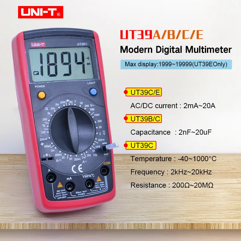 Digital Multimeter UNI-T UT39A UT39B UT39C UT39E 2000count Data hold AC DC voltage meter Diode/Transistor test Buzzer continuity
Digital Multimeter UNI-T UT39A UT39B UT39C UT39E 2000count Data hold AC DC voltage meter Diode/Transistor test Buzzer continuity