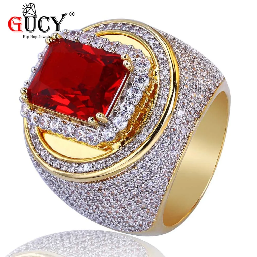 GUCY Iced Out Hip Hop Ring Gold Color Plated Cubic Zircon Big Red Stone Ring Personality Fashion Men Women Jewelry Lover's Gift
GUCY Iced Out Hip Hop Ring Gold Color Plated Cubic Zircon Big Red Stone Ring Personality Fashion Men Women Jewelry Lover's Gift