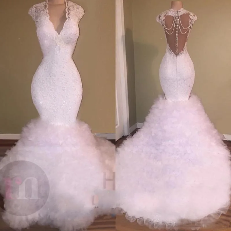 

New White Sexy V Neck Prom Dresses Mermaid 2019 Lace Appliques Beaded Crystal Backless Sweep Train Tulle Puffy Tiered Party Gown