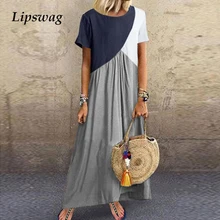 Lipswag 5XL Vintage de manga corta Vestido largo de retazos Casual suelto de talla grande Retro Maxi Vestidos Mujer verano cuello redondo Vestido de playa(China)
