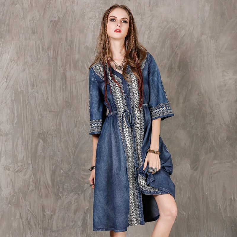 Autumn Vintage Dress 2017 Boho New Denim Women Dresses V-Neck Half Sleeve Loose Embroidery String Waist Vestido Vestidos OK
Autumn Vintage Dress 2017 Boho New Denim Women Dresses V-Neck Half Sleeve Loose Embroidery String Waist Vestido Vestidos OK