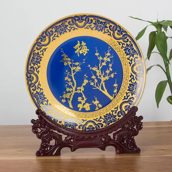 

Royal Chinese Style plum blossoms, orchid, bamboo and chrysanthemum Jingdezhen Hone Decoration Porcelain Plate Wooden Base Set