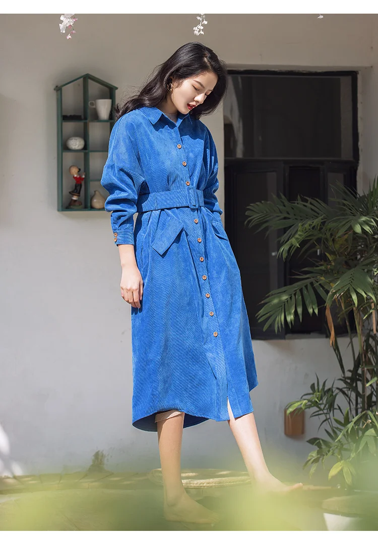 blue Long Sleeve Shirtwaist Dress With Belt 