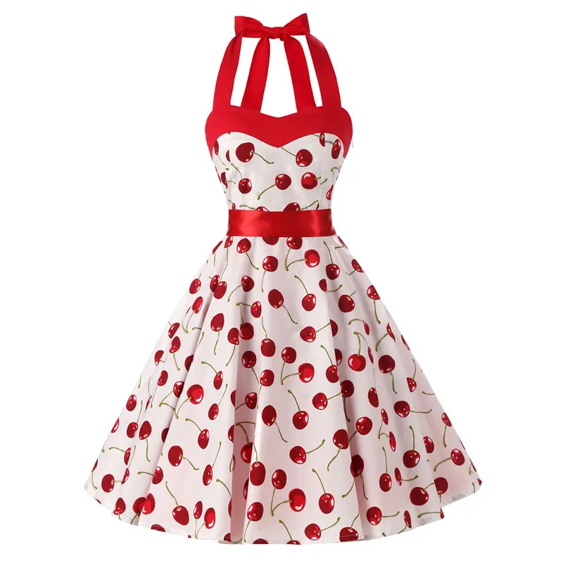 

Women Red Cherry Party Dress Vintage 50s Rockabilly Hepburn Dress 2019 Elegant Summer Strapless Swing Retro Halter Pin up Dress