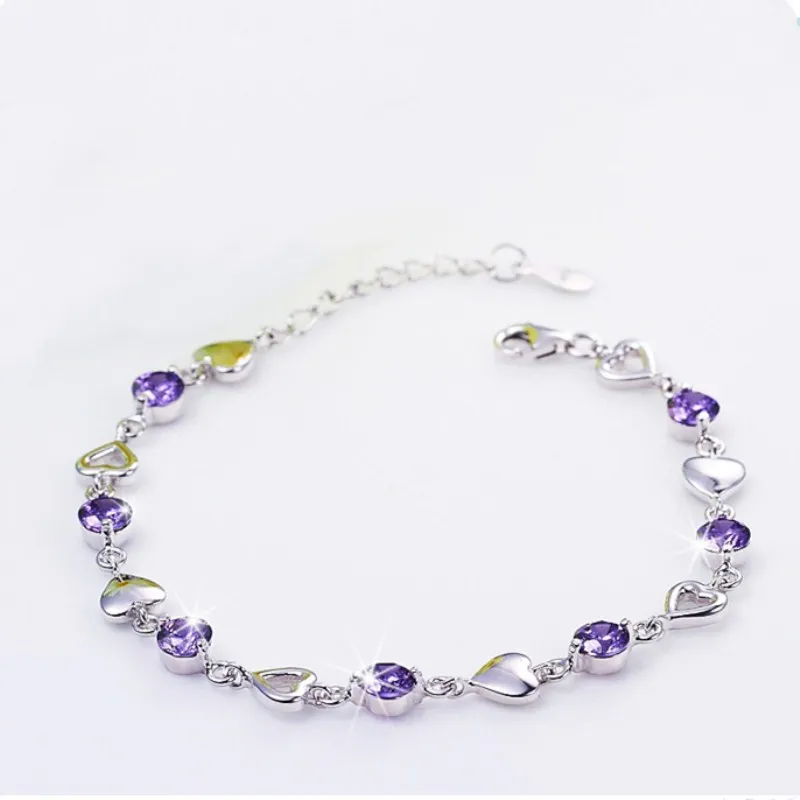 Фото 100% Серебро 925 новая мода фиолетовый сердце Браслеты для Для женщин цепи &