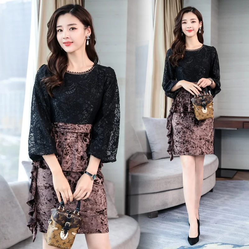 2018 winter women's OL lace stitching velvet dress female fashion elegant bodycon lace dress
2018 winter women's OL lace stitching velvet dress female fashion elegant bodycon lace dress